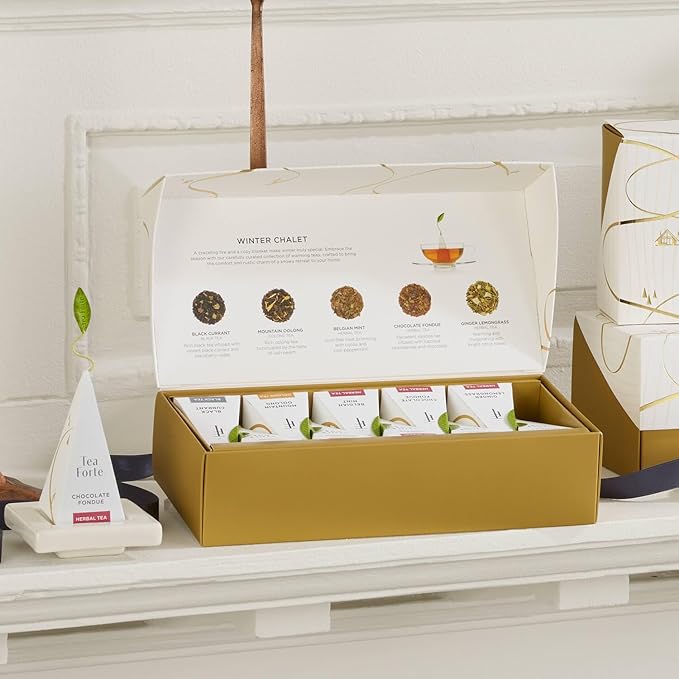 Tea Forte Winter Chalet Premium Petite Presentation Box Gift Set Sampler, 10 Count, 2 of Each Blend Individually Wrapped Handcrafted Pyramid Infuser Bags