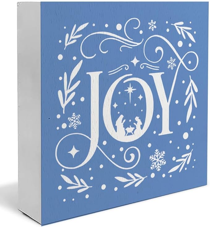 Joy Christian Christmas Wooden Box Sign, Farmhouse Christmas Snowflake Xmas Wood Signs for Home Office Table Shelf Decor, 5x5 Inch (Blue)