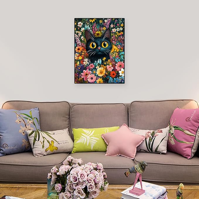 Eterkosu Black Cat Diamond Art Kits for Adults, Flowers Diamond Painting Kits for Adults for Beginners DIY Diamond Dots Art Kits, 5D Full Round Drill Gem Art Painting Kits for Home Wall Decor