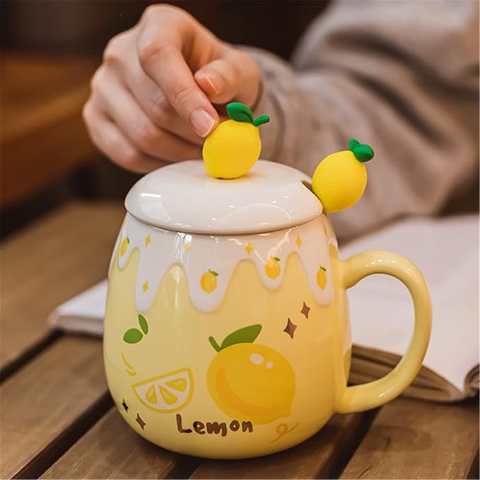 Coffee Mug Cups Ceramic Tea Cup Fruits Lemon Shaped Handmade Cute Mugs With Lid Spoon Handle Office Home Hot Ice Chocolate Milk Mugs Gifts Microwave Dishwasher Safe Travel Mugs (Yellow)
