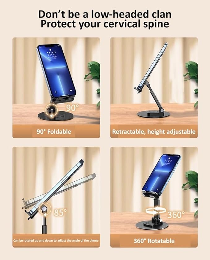 Mizi Portable Cell Phone Stand for Desk - Height & Angle Adjustable Mobile Foldable Holder, Compatible with iPhone 17 16 15 14 13 12 11 Pro Max, Galaxy S25 S24, All 4–10" Devices - Black