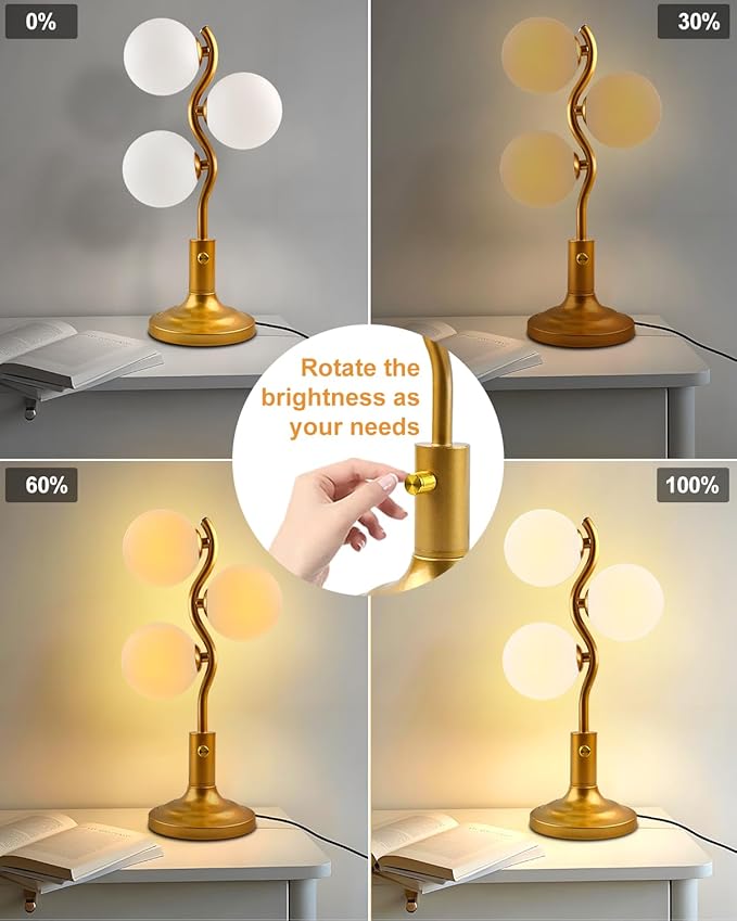 Lightdot Mid Century Globe Table Lamp Dimmable Modern 3 Lights Gold Desk Lamp 3000K Warmwhite Bedside Table Lamp for Bedroom Living Room Study Room(G9 Bulbs Included)