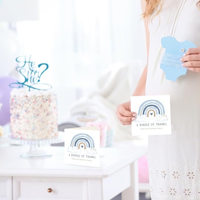 Whaline 50 Pack Blue Rainbow Thank You Cards Boxed 5 x 5 Inch A Bundle of Thanks From Our Growing Family Note Cards with Envelope Sticker Greeting Blank Card for Birthday Baby Shower