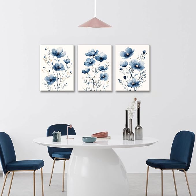 okudolit Navy Blue Wildflower Framed Canvas Wall Art Set Of 3 Flowers Pictures Prints Flowers Printing Floral Watercolors Flower wall Decor Living Room Bedroom Dinning Room Farmhouse Office-12x16in