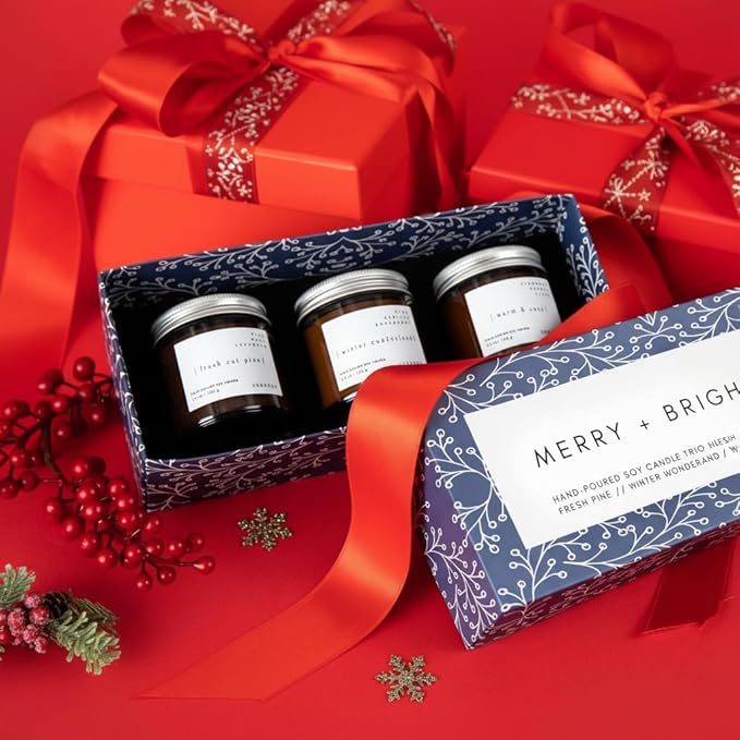 Unboxme Gifts 3-Pack Aromatherapy Scented Candle Gift Set – Hand-Poured Soy Wax Candles with Essential Oils in Reusable Glass Jars – Relaxation & Gift-Ready Candle Set – Merry + Bright Set