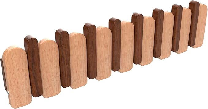 Wall Mounted Coat RackHooks Piano Key Hangers Natural Solid Wood Hanger Non-Woven Fabric Clothes Hangers for Closet, Kitchen, Bedroom, Bathroom, Entryway (Moon Walnut-Beech, 8 Hooks)