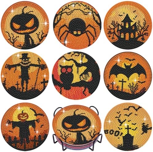 Leatrice 8 PCS Halloween Diamond Art Coasters Set with Holder 4 in by Leatrice20240713