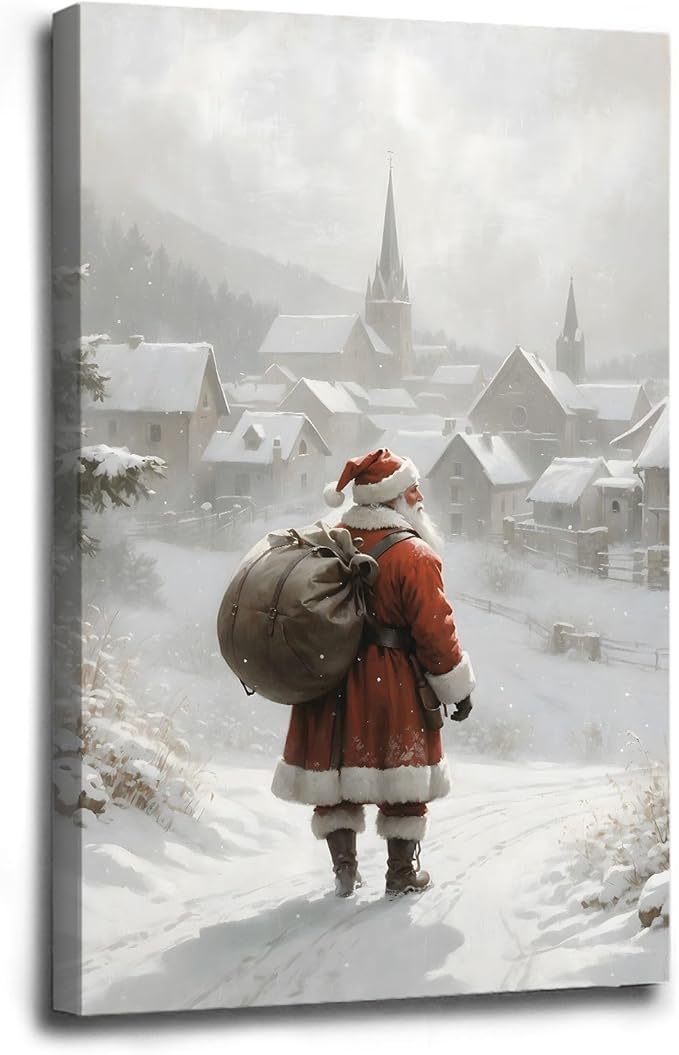 Framed Canvas Wall Art Vintage Santa Claus Wall Art Farmhouse Christmas Print Festive Holiday Home Decor Santa Claus Painting 16x24in Wood Framed