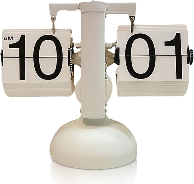 Retro Flip Clock, Vintage Design Flip Desk Clock Table Battery Powered Digital Down wіth Internal Gear Operated (White)