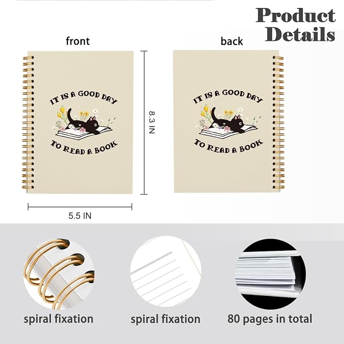 Reading Notebook Journals for Book Lovers, Book Gifts Journals for Book Lovers, Reading Log Journal, Black Cat Notebook, It's a Good Day to Read a Book Hardcover Spiral Notebook 5.5x8.3