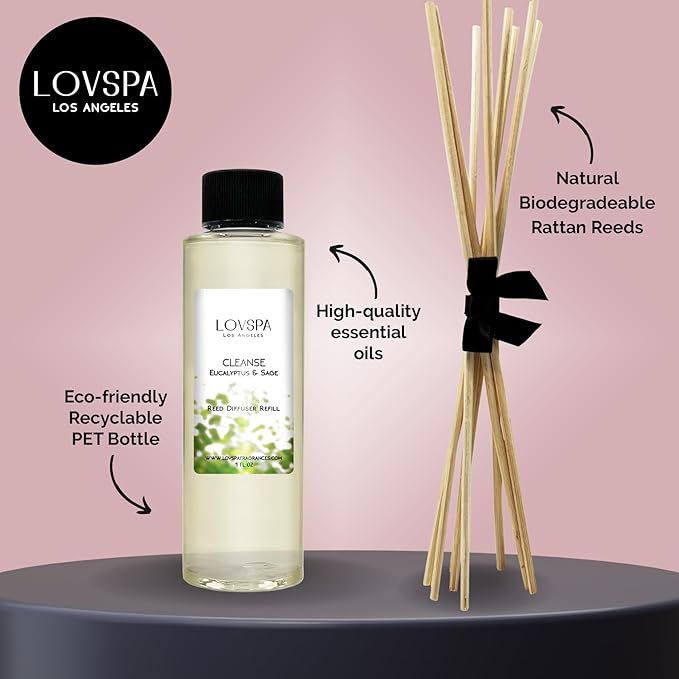 LOVSPA Cleanse Eucalytpus Sage Diffuser Oil - Luxury Essential Oils for Diffuser Refill & Air Freshener Room Spray - Long-Lasting & Natural Home Fragrance, Scented Oil for Diffusers, USA Made, 4oz
