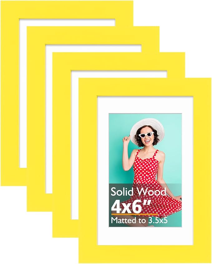 KINLINK 4x6 Frame Yellow, Solid Wood 4 x 6 Picture Frame with Acrylic Plexiglass for 3.5x5 with Mat, Tabletop and Wall Display Photo Frames 4x6 Yellow, 4 Pack