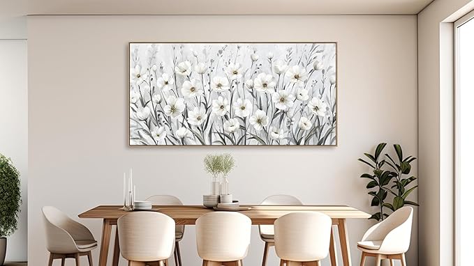 arteWOODS Flowers Framed Wall Art - Grey White Wildflowers Canvas Pictures Wall Decor Botanical Painting Artwork Elegant Floral Prints for Living Room Bedroom Home Decor 58 x 29in Natural Wood Frame