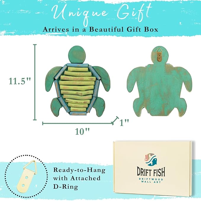Mint Bucket Brands Driftwood Turtle Nautical Wall Decor - 11.5" x 10" Handmade Wooden Rustic Coastal Wall Art for Living Room, Bedroom, Office, Bathroom - Ocean Beach Decoration (Turtella)
