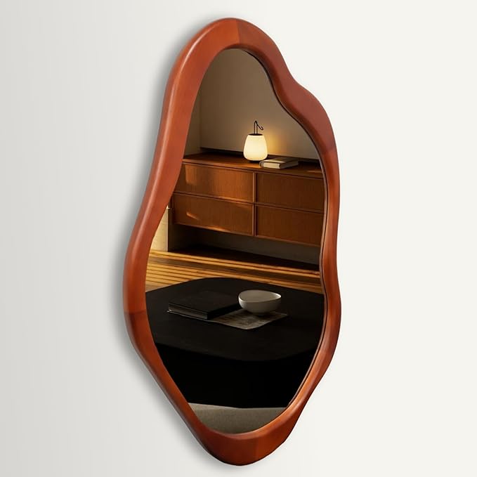 32"x 20" Wavy Cloud Mirror Irregular Wall Mirror with Wood Frame, Modern Decorative with Hanging Hooks, Asymmetrical for Bedroom Living Room Entryway Walnut Color