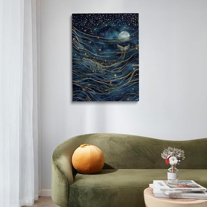 William Morris Moon & Stars Print,William Morris Wall Art Exhibition Print,Vintage Wall Art, humpback whale art for Living Room Bedroom Decor 24x36in Large Frame