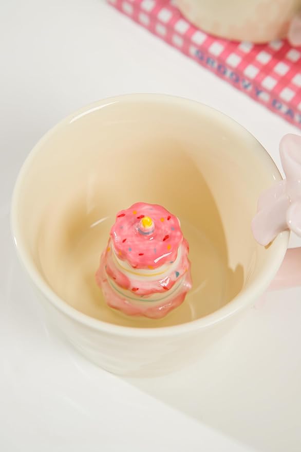 DIHOclub Ceramic Coffee Mug with Birthday Cake & Bow Handle, Giftable Novelty Tea Cup for Birthday Anniversary (Cream)