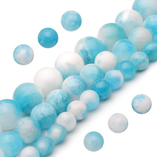 Youngbling Natural Gemstone Beads for Jewelry Making,6mm Blue White Jade Polished Round Smooth Stone Beads,Genuine Real Stone for Bracelet Necklace 15 Inch