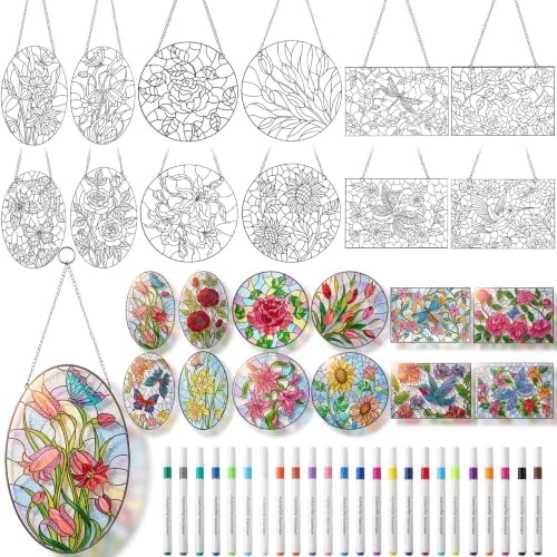 Humyoun 36 Pcs Suncatchers Crafts Kit DIY Paint Art Stained Glass Painting Craft Kits 24 Markers and 12 Suncatchers for Adults Home Decor Creative Projects (Unusual Shaped Flower) by Humyoun