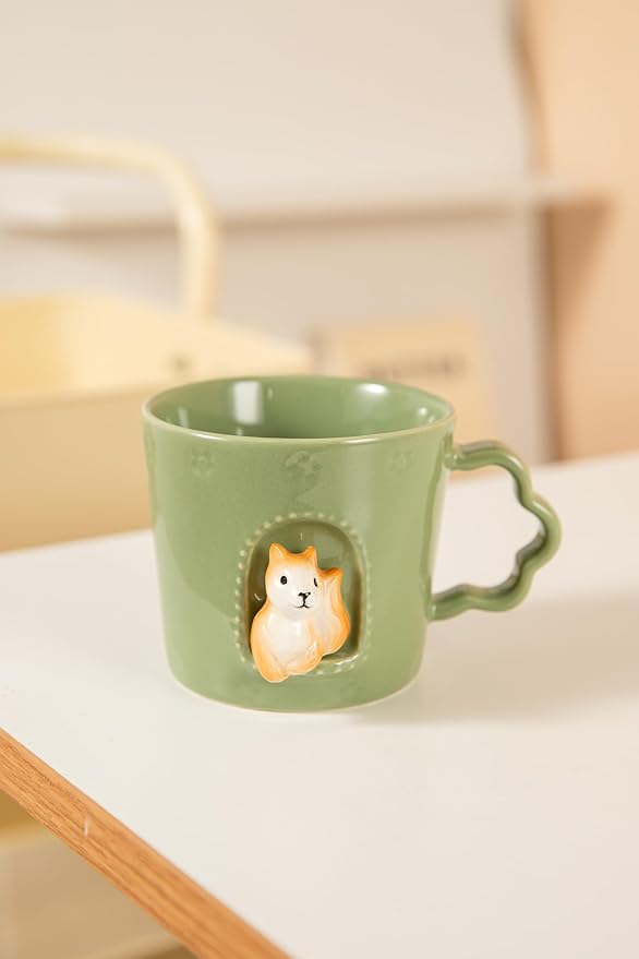 DIHOclub Squirrel Ceramic Cup Window Animals Mug Cute Cartoon Handmade Figurine Mugs,Holiday and Birthday Gift for Daughter,Son,Kids,9 OZ (Green)