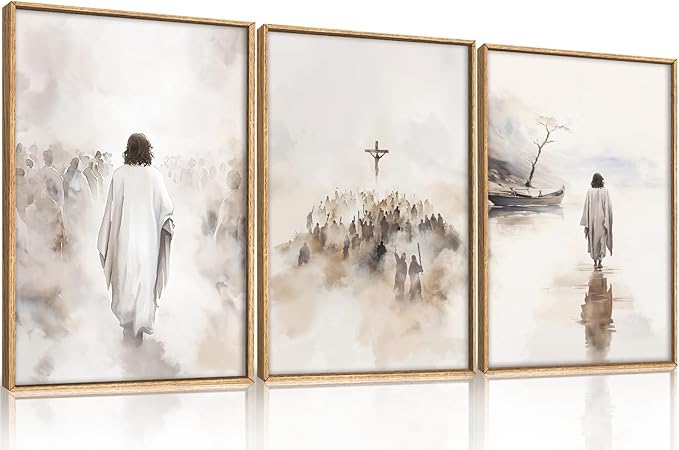 Jesus Walking on Water Canvas Wall Art,Boho Jesus Crucified Framed Wall Decor,Religious Christian Artwork,Holy Gathering Art Print for Living Room,Bedroom,Office-16 x24 x3