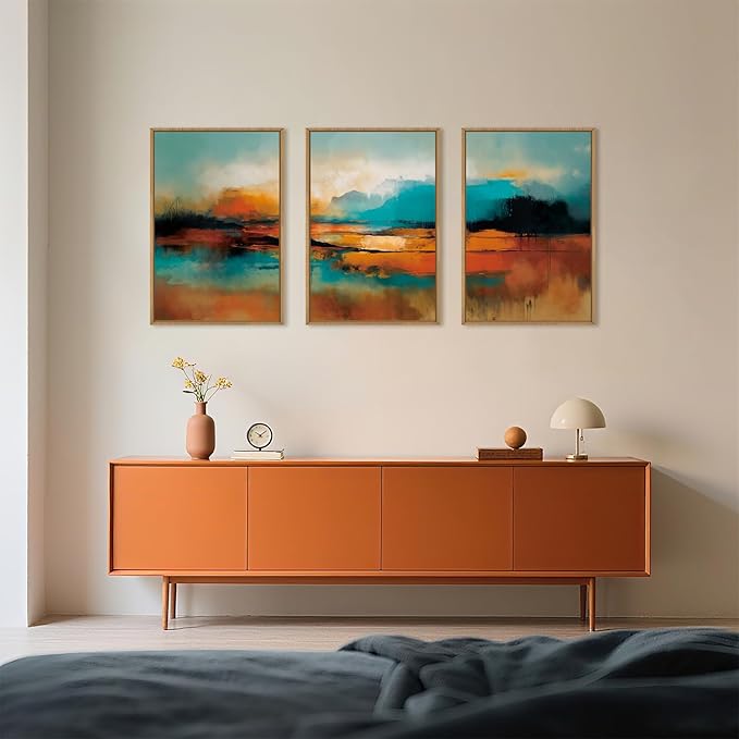 Large Abstract Burnt Orange Framed Canvas Wall Art,Neutral Blue and Black Wall Decor,Modern Brush Stroke Artwork,Minimalist Watercolor Art Print for Living Room,Bedroom,Office- 16"x24"x3