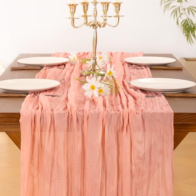 Socomi Coral Peach Valentine's Day Cheesecloth Table Runner Boho Rustic Gauze 120 inch 10FT Cheese Cloth Runner for Wedding Party Baby Shower Birthday Home Decor Holiday Decorations