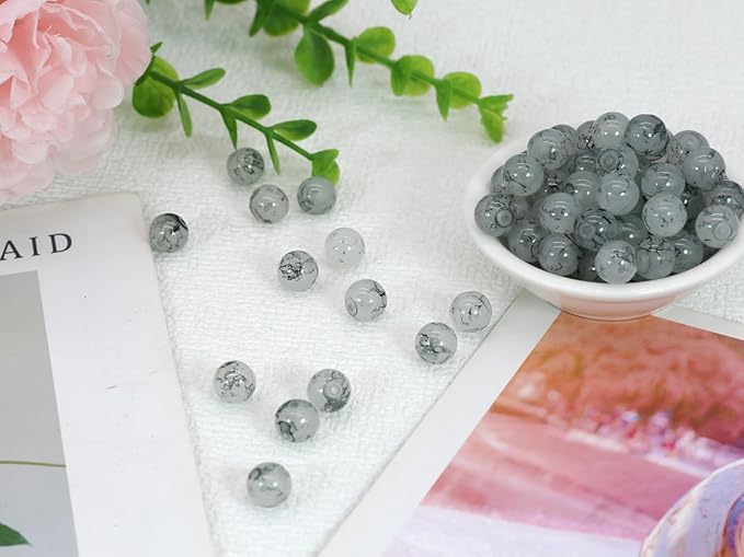 Pamir Tong 300PCS 10mm Gray Glass Beads for Jewelry Making,Round Smooth Beads, Bracelet Space Loose Beads for Earring, Necklaces, DIY Crafts & Gifts- Adult Craft Supplies