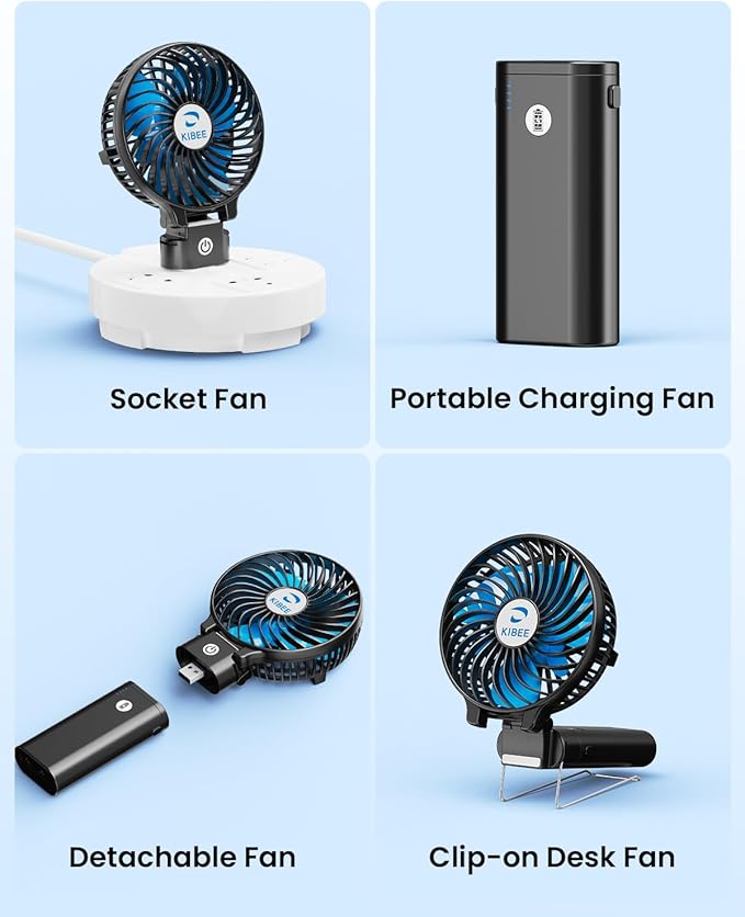 KIBEE Portable Handheld Fan - 5200mAh USB Rechargeable [20H Max Runtime] with Power Bank, Foldable 180° Mini Personal Fan, 3-Speed with Stand for Travel/Outdoor/Makeup/Concerts (Black)