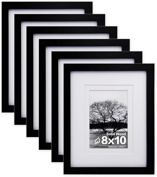 Egofine 8x10 Picture Frames Set of 6, Made of Solid Wood Covered by Plexiglass Display 4x6 and 5x7 with Mat or 8x10' without Mat, for Table Top Display and Wall Mounting Photo Frame Black