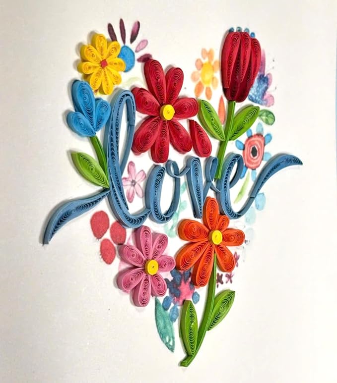 Handmade Quilling Greeting Card Love in Heart Floral Design Romantic Gift for Her Birthday Anniversary Valentine Special Occasion