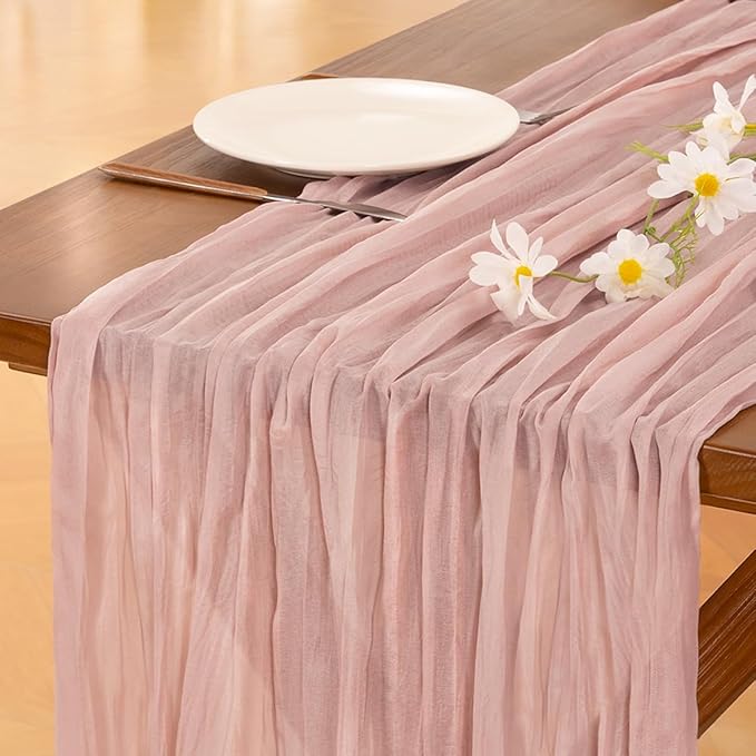 Socomi 3pcs Pink Cheesecloth Table Runner Valentine's Day Boho Rustic Gauze Dusty Pink Farmhouse 120 inch 10FT Cheese Cloth Runner for Wedding Party Baby Shower Birthday Home Decor