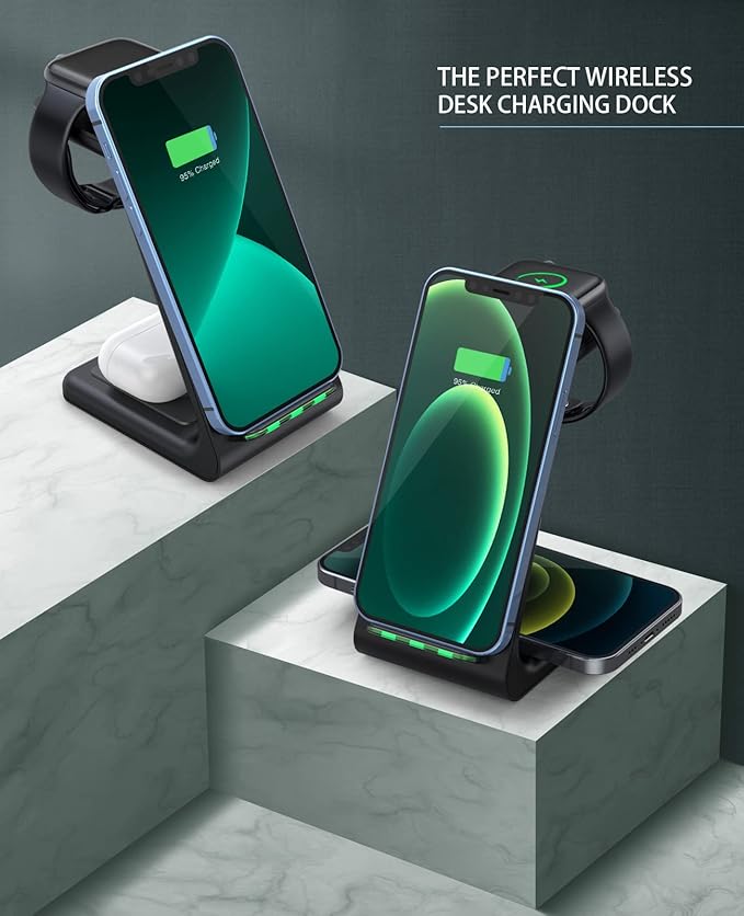 3 in 1 Wireless Charging Station, 2025 Upgraded Fast Desk Charger Station for iPhone 17 16 15 14 13 12 Pro Max Plus, Charger Stand for Apple Watch 10 9 8 7 6 5 4 3 2 SE, Airpods 4 3 2 Pro(Black)