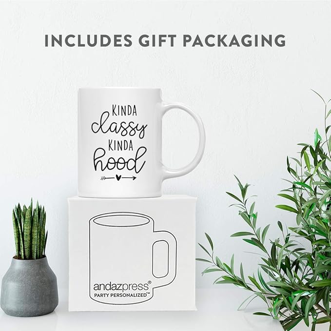 Andaz Press Mother's Day 11oz. Ceramic Coffee Tea Mug Gift for Mom, Kinda Classy Kinda Hood, 1-Pack, Birthday Christmas Gift Ideas