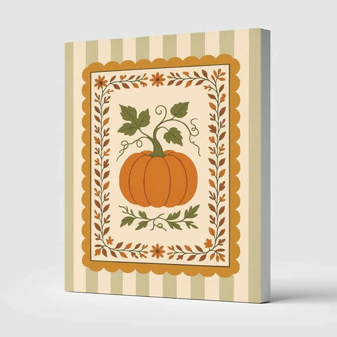 Pumpkin Harvest Wall Art – Vintage Fall Botanical Canvas Print – Autumn Farmhouse Decor with Green Stripes – Thanksgiving Pumpkin Illustration Poster 12x16inch-Framed