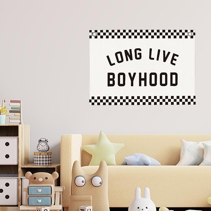 Black and White Checkered Long Live Boyhood Boys Room Playroom Wall Decor Vintage Sports Decor for Nursery Playroom Kids Bedroom Dorm Toddler Decorations 22x28 Inch