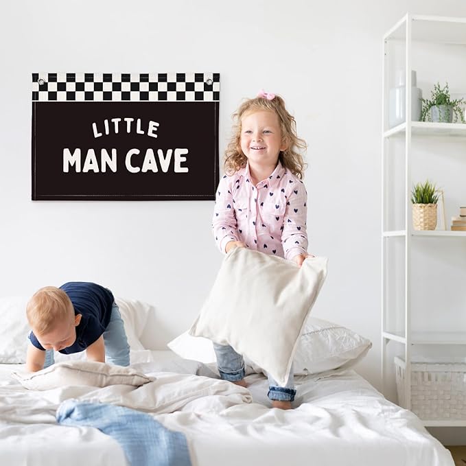 Little Man Cave Black and White Checkered Boys Room Decor - Linen Banner Wall Hanging Canvas Banner Flag Decor for Nursery Toddler Boys Bedroom Playroom