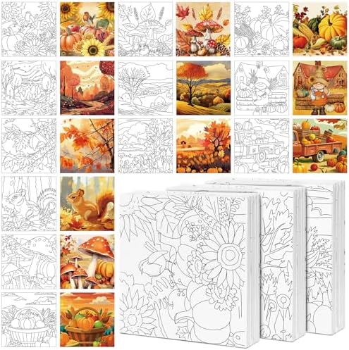 Teling 12 Pcs Fall Pre Drawn Stretched Canvas Kit for Adults Painting Pre Printed Canvas Outline for DIY Painting Party Favor, 6 x 6 x 0.6 Inches(Fall) by Teling
