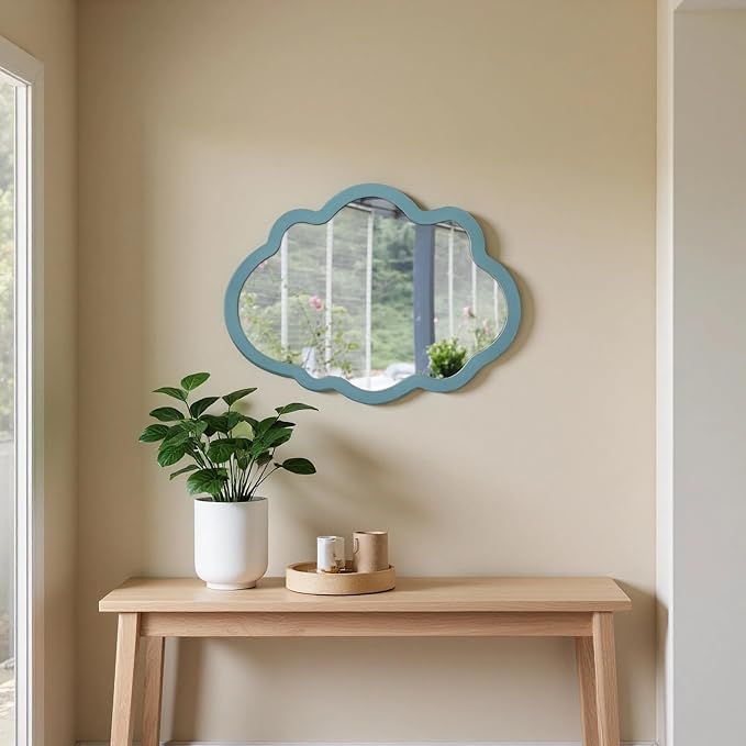 Small Blue Wall-Mounted Mirrors 12 X 16 Inch, Wood Frame Cloud Teal Mirror Decor for Living Room Hallway, Wall Hanging Handmade Distressed Finish Decorative Cute Nursery Mirrors for Wall Boy