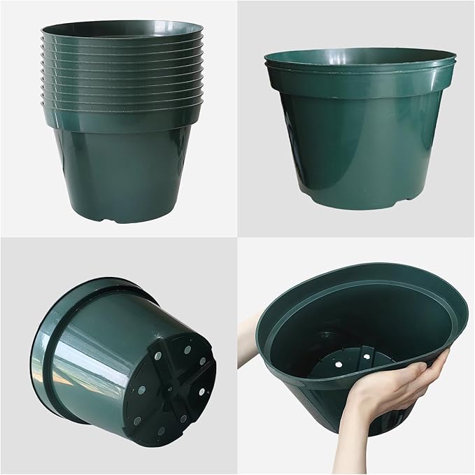 10 Pack Green Plastic Planter Pots, 10 Inch Thick with Multiple Drainage Holes, for Herbs, Strawberries, Flowers - Indoor/Outdoor