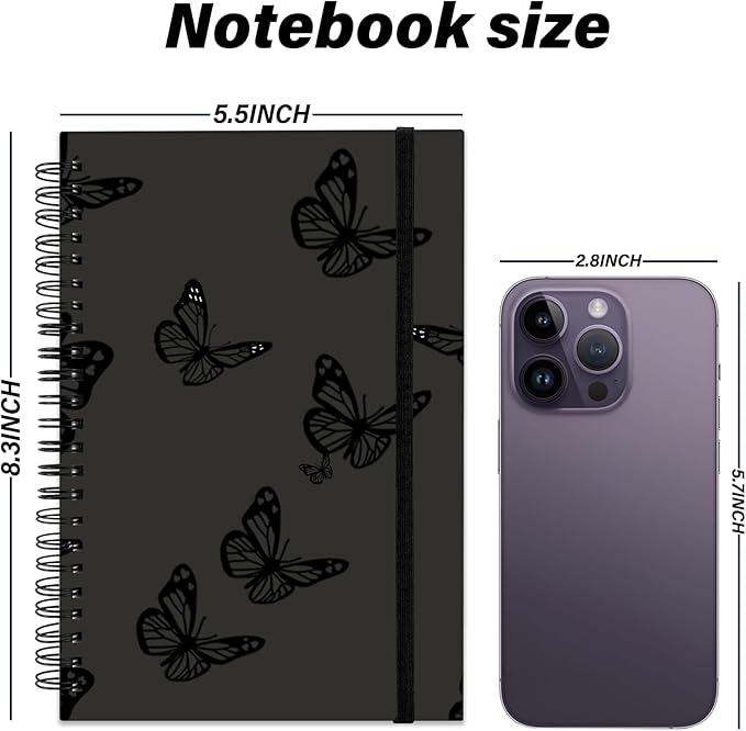 Spiral Notebook,Hardcover Journal Wide Ruled Spiral Notebook,A5 5.5 x 8.3 Inch,80GSM Thick Paper 60 Sheets 120 Pages for Girls Women School Office Aesthetic Cute-Gray Black Butterfly