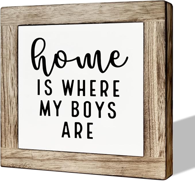 Farmhouse Table Sign, Small Wooden Plaque, Wooden Box Signs for Home Decor, Housewarming Gift, Mom Gift for Mother's Day, Holidays, Home is Where My Boys Are Sign 5.9×5.9×0.7inches
