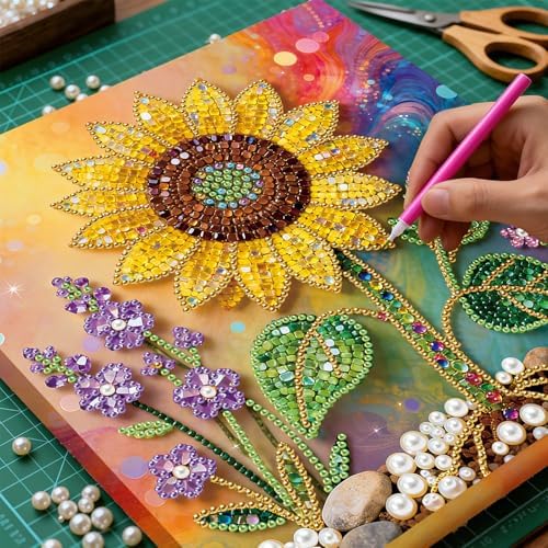 ARTopet DIY Pearl Painting Kit with Frame Gemstone Pearl Diamond Dots Beads Canvas Art Craft for Adult Beginners Display for Tabletop and Wall Mounting Home Decor-Sunflower - Image 2