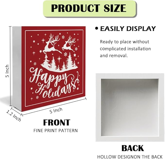 Happy Holiday Christmas Wooden Box Sign, Christmas Desk Decor, Farmhouse Red Christmas Trees Reindeer Snowflake Xmas Wood Signs for Home Office Table Shelf Decoration, 5x5 Inch