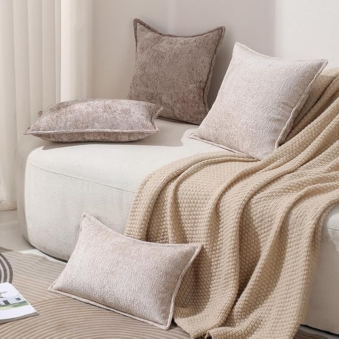 Pack of 2 Tan Decorative Throw Pillow Covers 18x18 Cozy Soft Chenille Accent Vintage Square Couch Pillow Covers for Home Decor Bed Sofa Living Room
