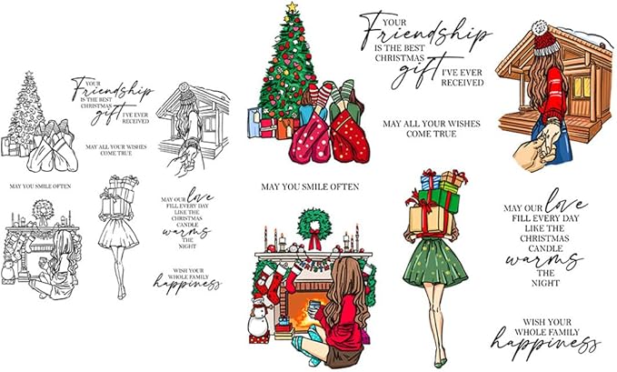 Christmas Women's Friendship Box Stamps and Cutting Dies for Card Making DIY Transparent Silicone Clear Stamp and Metal Die Cuts Sets for Scrapbooking Paper Greeting Cards Decor Seals Craft Supplies