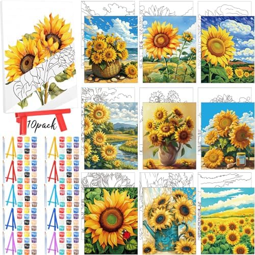 Blosssound 10 Set Pre Printed Canvas Pre Drawn Canvas Painting with Easel Kits 5" x 7" Outline Painting Panels for Beginners, DIY Craft Project, Home Decors(Sunflower) by Blosssound