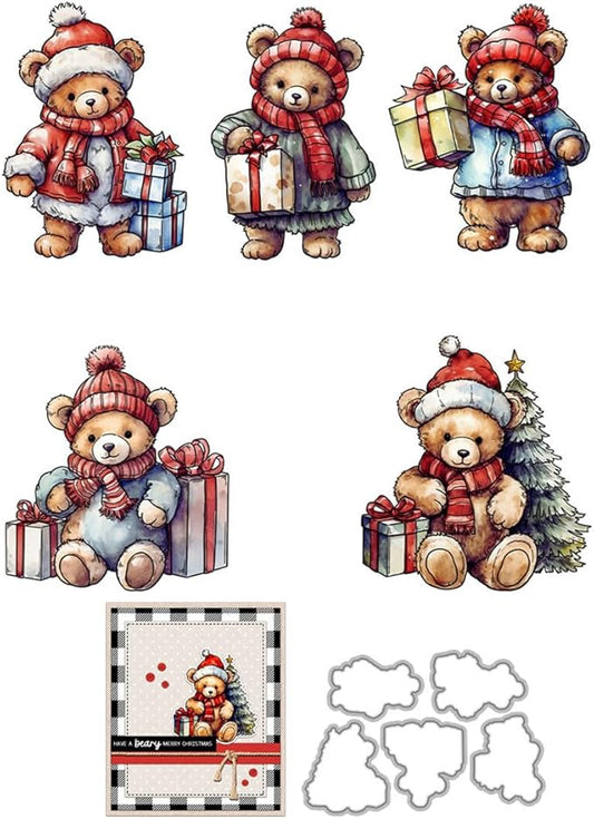 Christmas Bear Santa Tree Stamps and Cutting Dies for Card Making DIY Transparent Silicone Clear Stamp and Metal Die Cuts Sets for Scrapbooking Paper Greeting Cards Decor Seals Craft Supplies