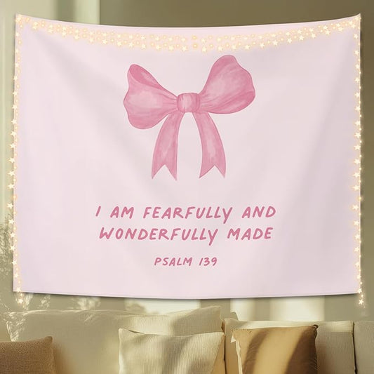 STHTTSW Pink Bow Christian Tapestry, I Am Fearfully And Wonderfully Made Tapestries Wall Blanket, Cute Coquette Tapestry Decor for Girl College Dorm Apartment Bedroom Church, 50x60 Inch