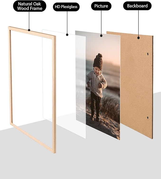 KINLINK 12x16 Frames Natural Oak Wood Frames with Acrylic Plexiglass, 4 Pack